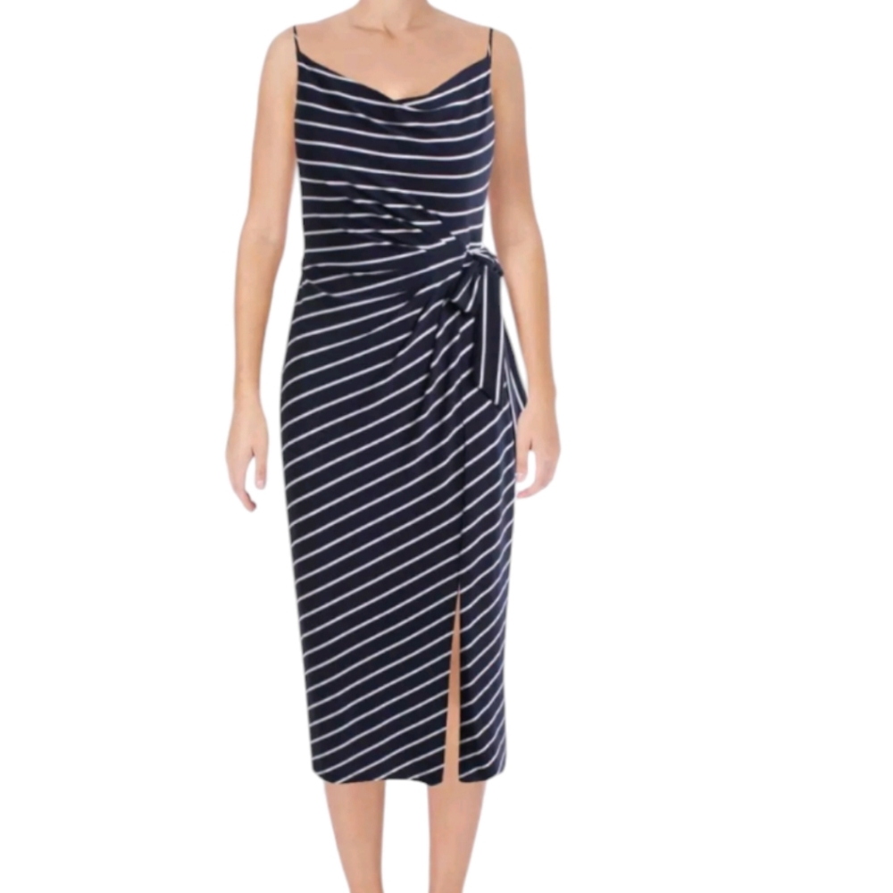 Lauren Ralph Lauren Navy White Striped Tie-Waist Midi Dress Sz 4